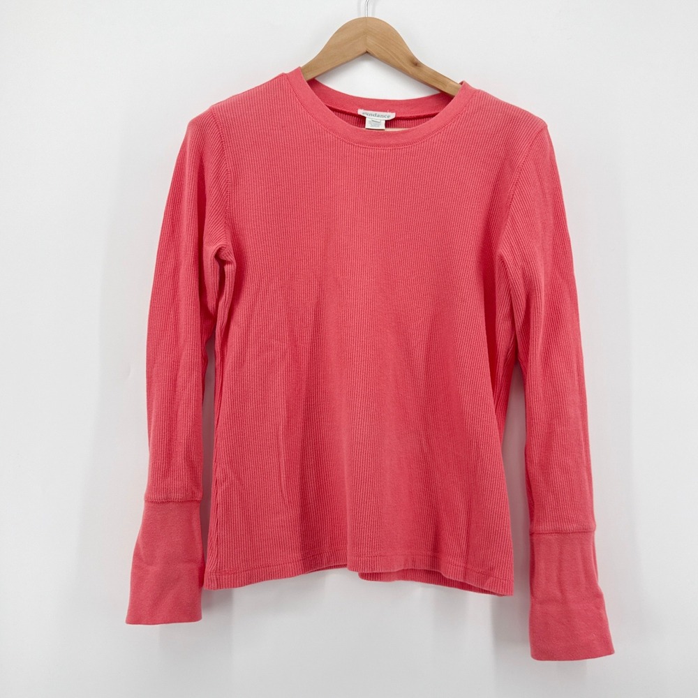 Sundance Womens Coral Pink Waffle Knit Thermal Long Sleeve Button Cuff Top Large